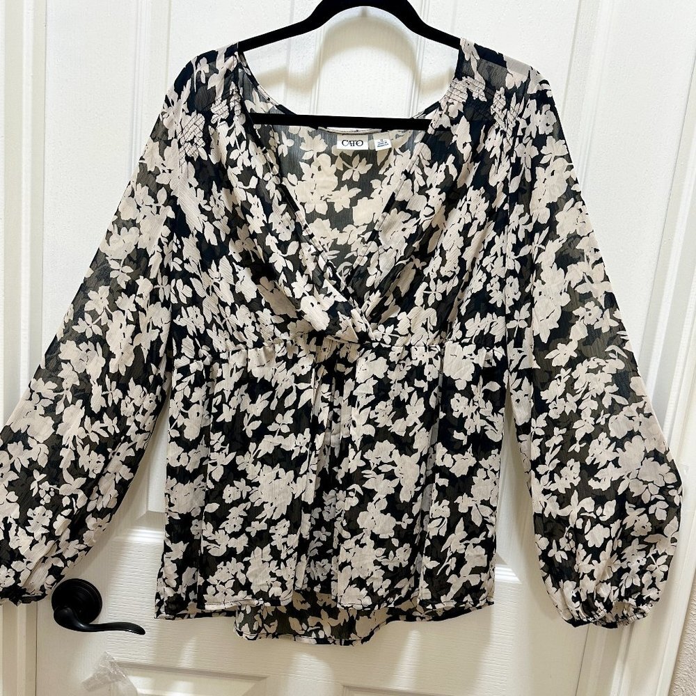 Cato Sheer Tunic Top Women's Size XL Floral Print Puff Long Sleeves Boho Chic